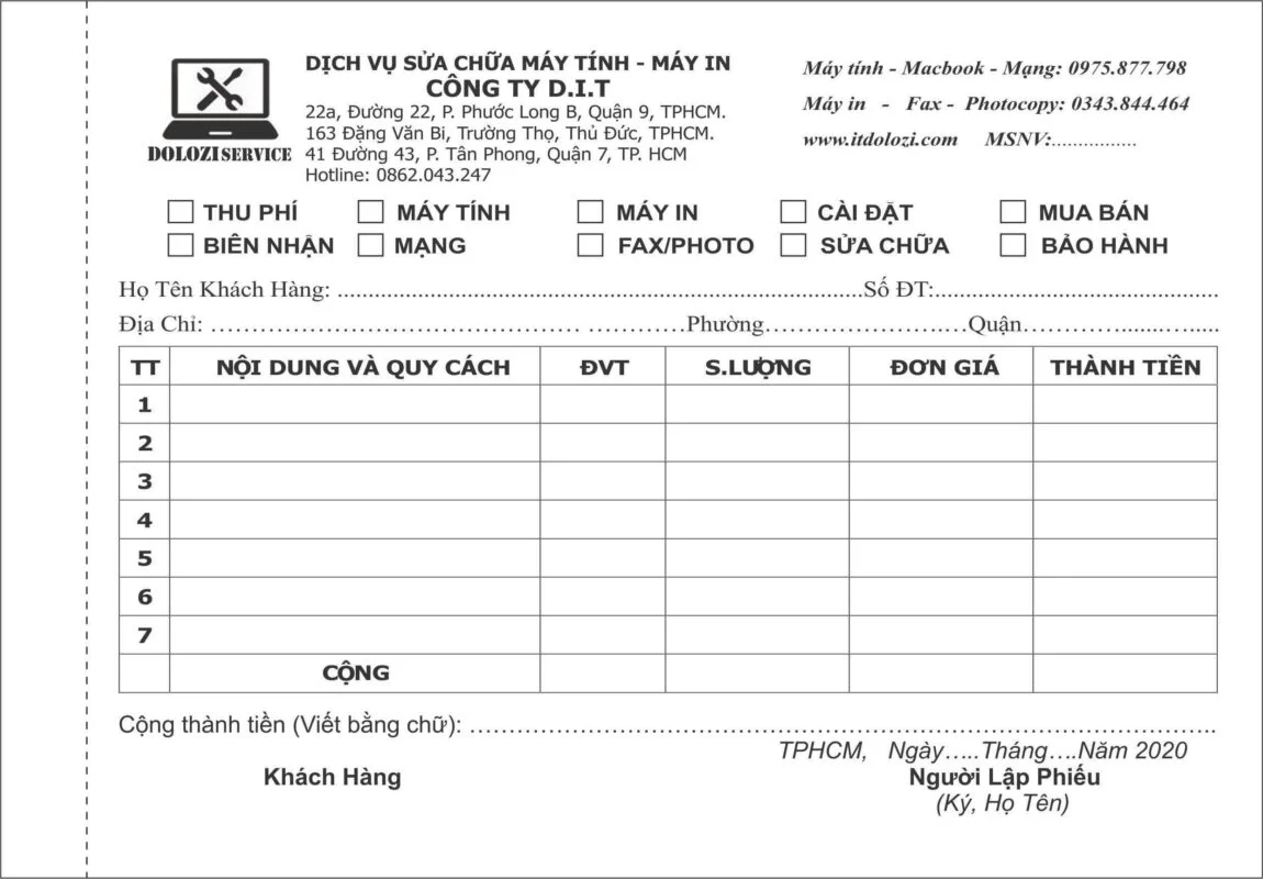 phiếu thu tiền tại Dolozi Computer