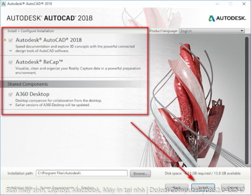 chọn install để cài đặt autocad 2018