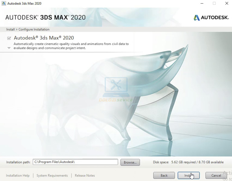 Nhấn Install để bắt đầu cài đặt phần mềm 3DS Max 2020