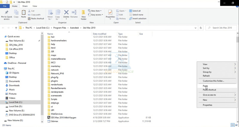Tiếp theo ta dán File kích hoạt bản quyền vào thư mục cài đặt 3DS Max 2010