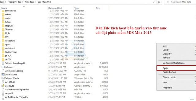 Tiếp theo ta dán File kích hoạt bản quyền vào thư mục cài đặt 3DS Max 2013