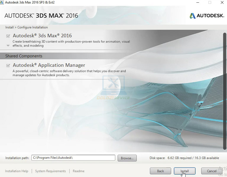 Nhấn Install để bắt đầu cài đặt phần mềm 3DS Max 2016