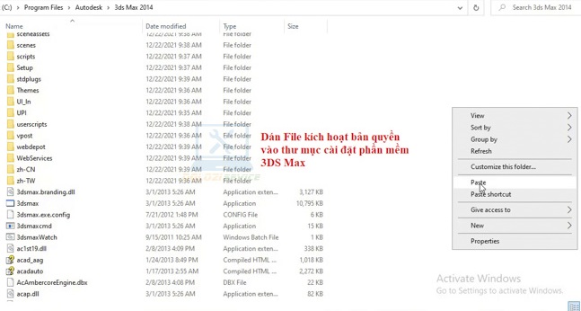 Tiếp theo ta dán File kích hoạt bản quyền vào thư mục cài đặt 3DS Max 2014