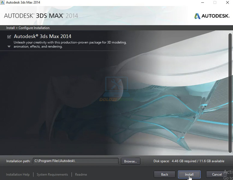 Nhấn Install để bắt đầu cài đặt phần mềm 3DS Max 2014