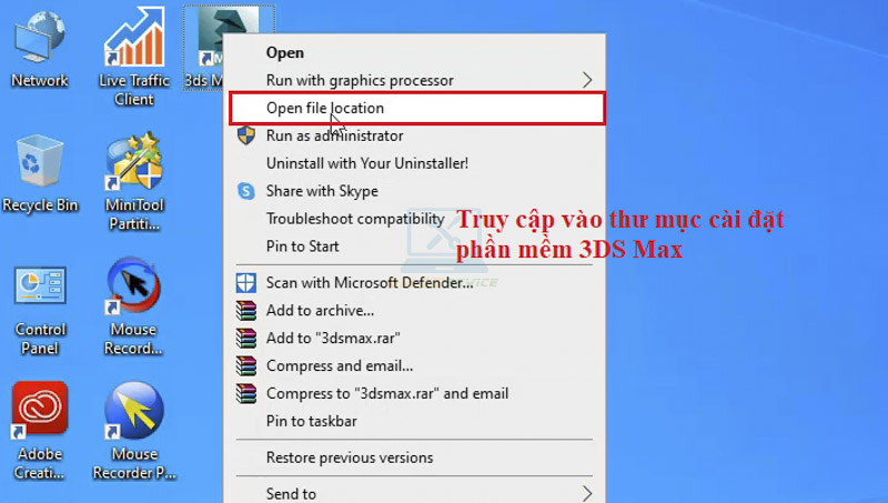 Ta chọn  Open file location để vào thư mực cài đặt phần mềm 3DS Max 2014
