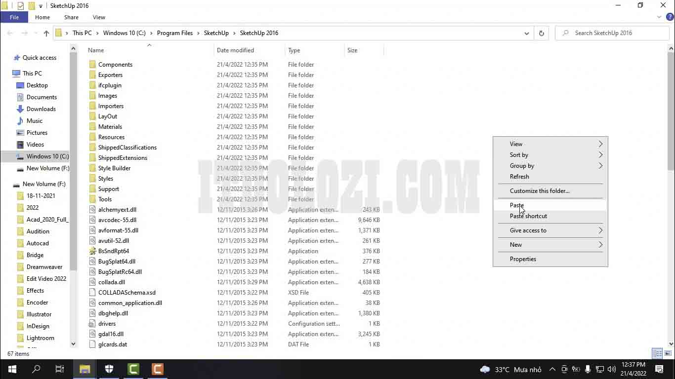 Dán File vừa Copy vào thư mục cài đặt Sketchup 2016
