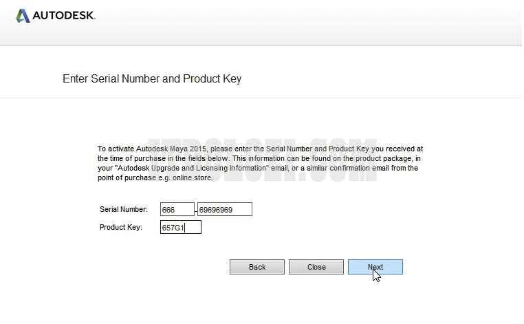 Nhập số Serial Number: 666-69696969 và Product Key: 657G1phần mềm Autodesk Maya 2015 sau đó nhấn Next