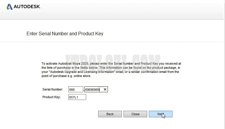 Nhập số Serial Number: 666-69696969 và Product Key: 657L1 sau đó nhấn Next