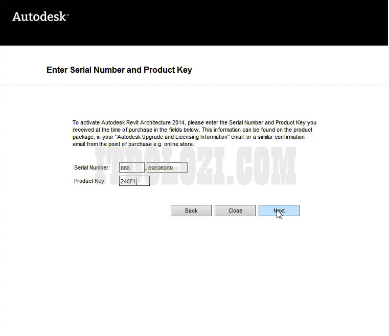 Nhập số Serial Number và Product Key Revit 2014 sau đó nhấn Next