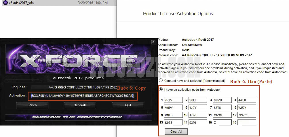 opy đoạn Code ở phần Activation sau đó dán vào phần mềm Autodesk Revit 2017
