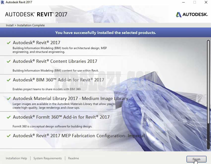 Hoàn tất cài đặt phần mềm Autodesk Revit 2017 ta nhấn Finish