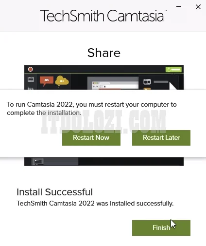 Cài đặt hoàn tất Camtasia 2022 ta nhấn Finish và chọn Restart Later