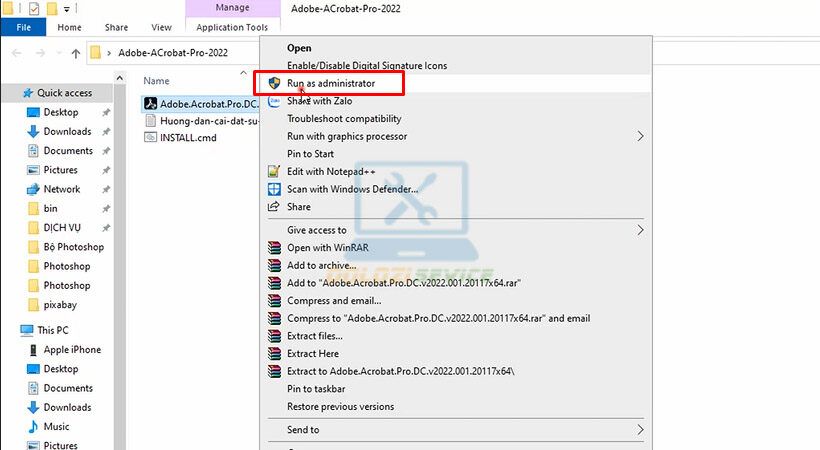 Khởi chạy file cài đặt bằng quyền Admin.