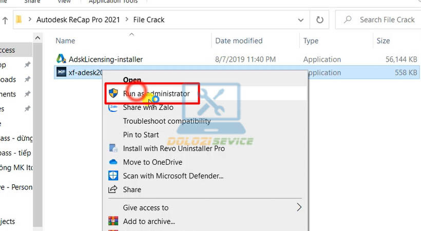 Chạy file crack bằng quyền Admin