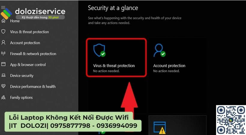 Chọn Virus & threat protection lỗi laptop không kết nối được wifi